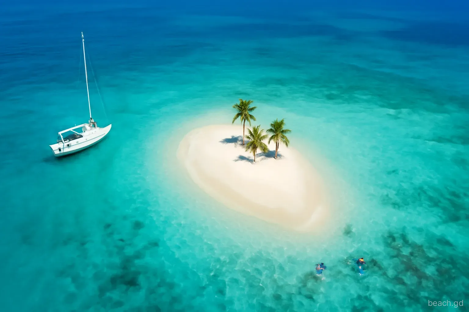 Aerial view of a narrow white sandbar islet off Carriacou with a few young palms, a moored sailing yacht and snorkellers over pale reef, bright midday light