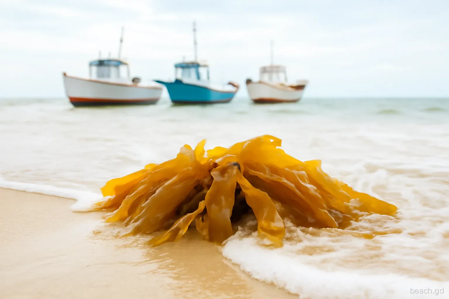 Close view of golden-brown floating seaweed drifting into a wave-washed Atlantic beach near Grenville, fishing boats pulled up behind, bright overcast light, low camera angle