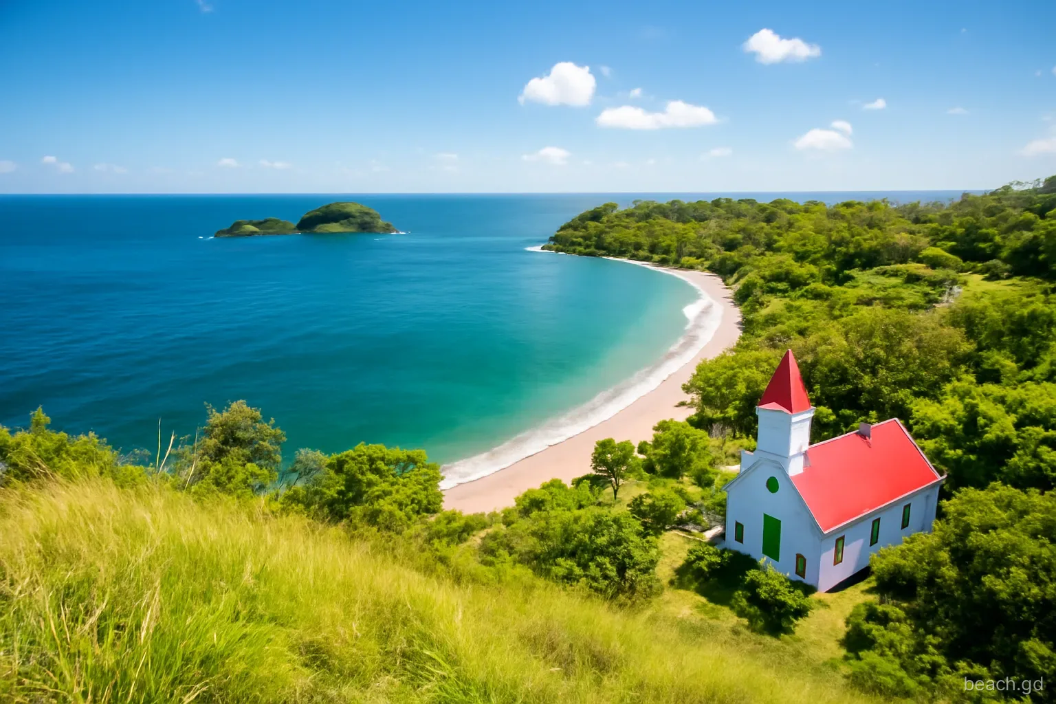 High viewpoint from a grassy cliff above a curved fishing bay at the northern tip of Grenada, small islands on the horizon, church roof among trees, bright clear afternoon