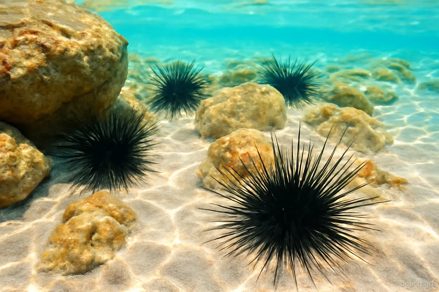Underwater close view of black long-spined sea urchins wedged among rocks in clear shallow water, south coast of Grenada, sunlight rippling over the sand