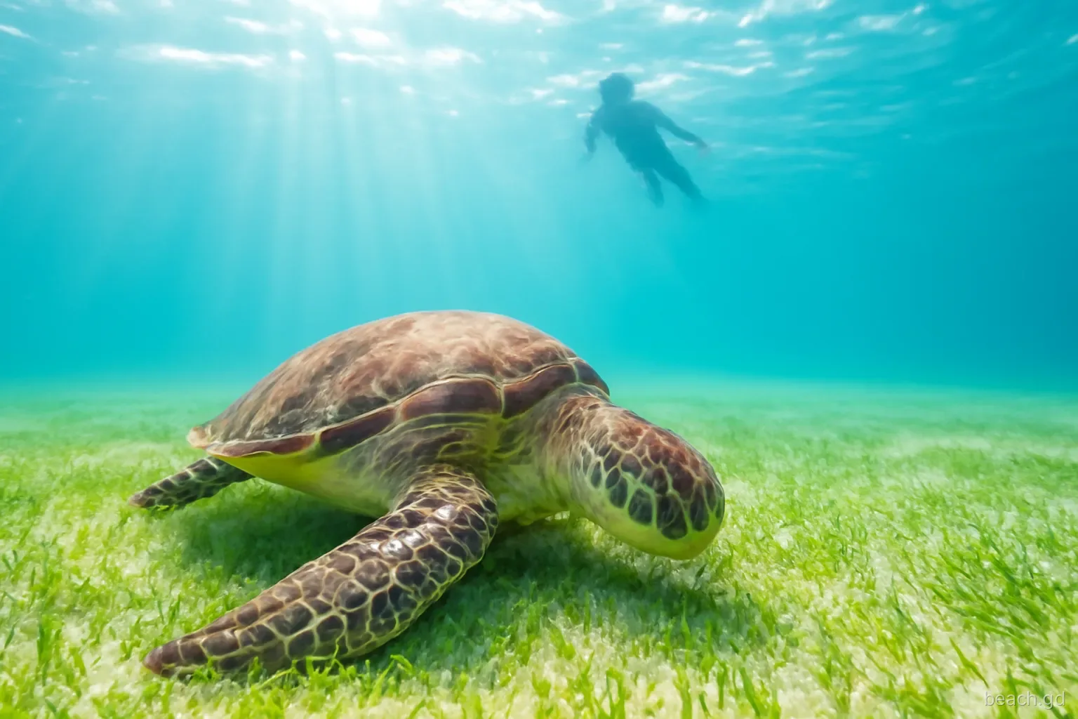 Green sea turtle grazing on a seagrass bed in clear shallow water, a snorkeller hovering well back at the surface, underwater wide angle, sunbeams through the water