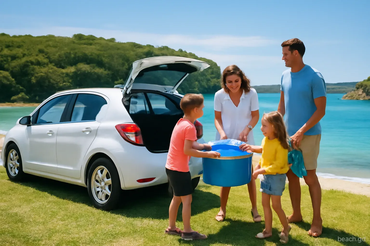 Small hire car parked on a grassy verge above a turquoise cove, family unloading a cool box and snorkels, wooded headland beyond, bright mid-morning sunshine, rear three-quarter view