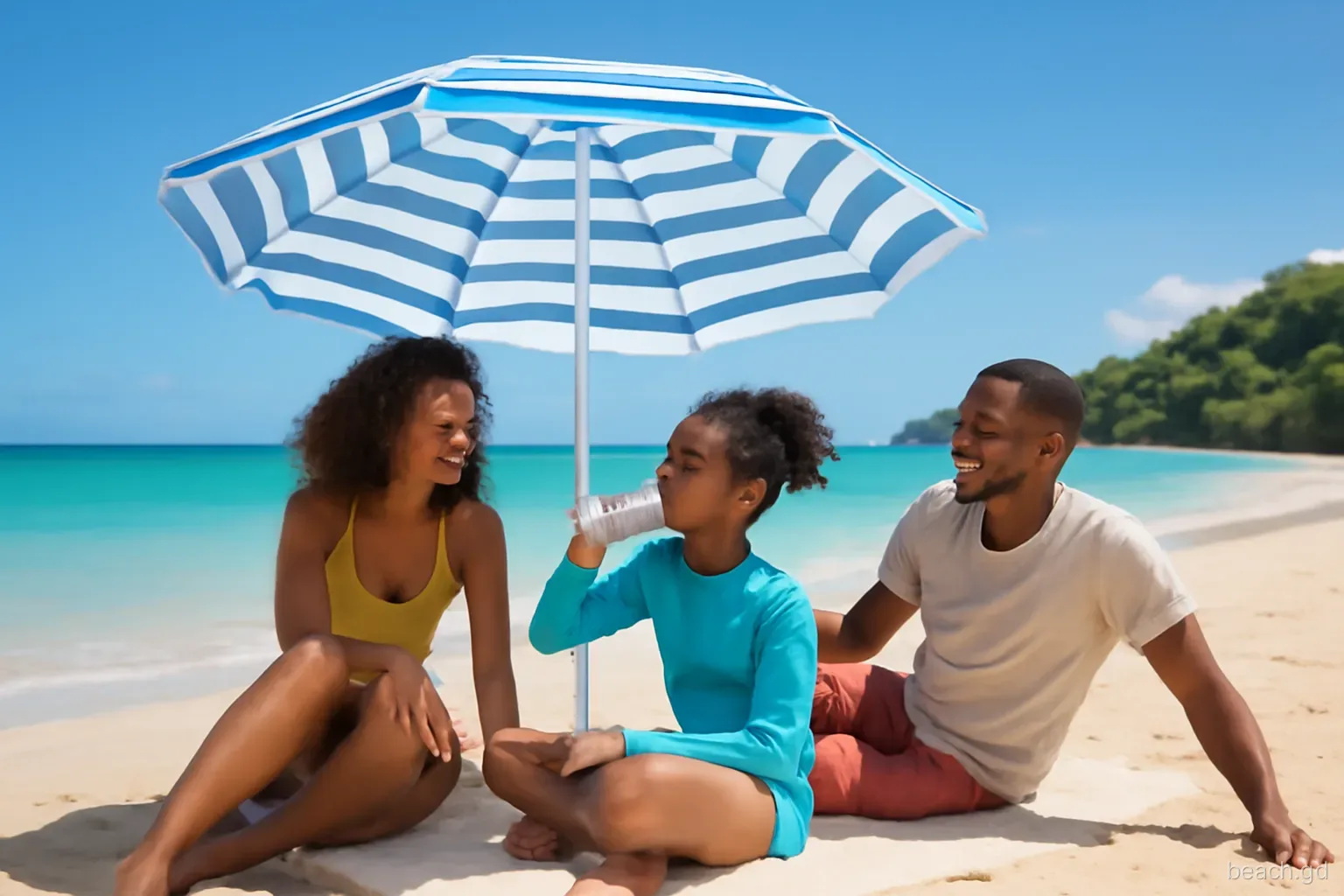 Family resting under a striped beach umbrella on bright Morne Rouge beach, Grenada, child in long-sleeved swim top drinking water, wide shot, strong midday light