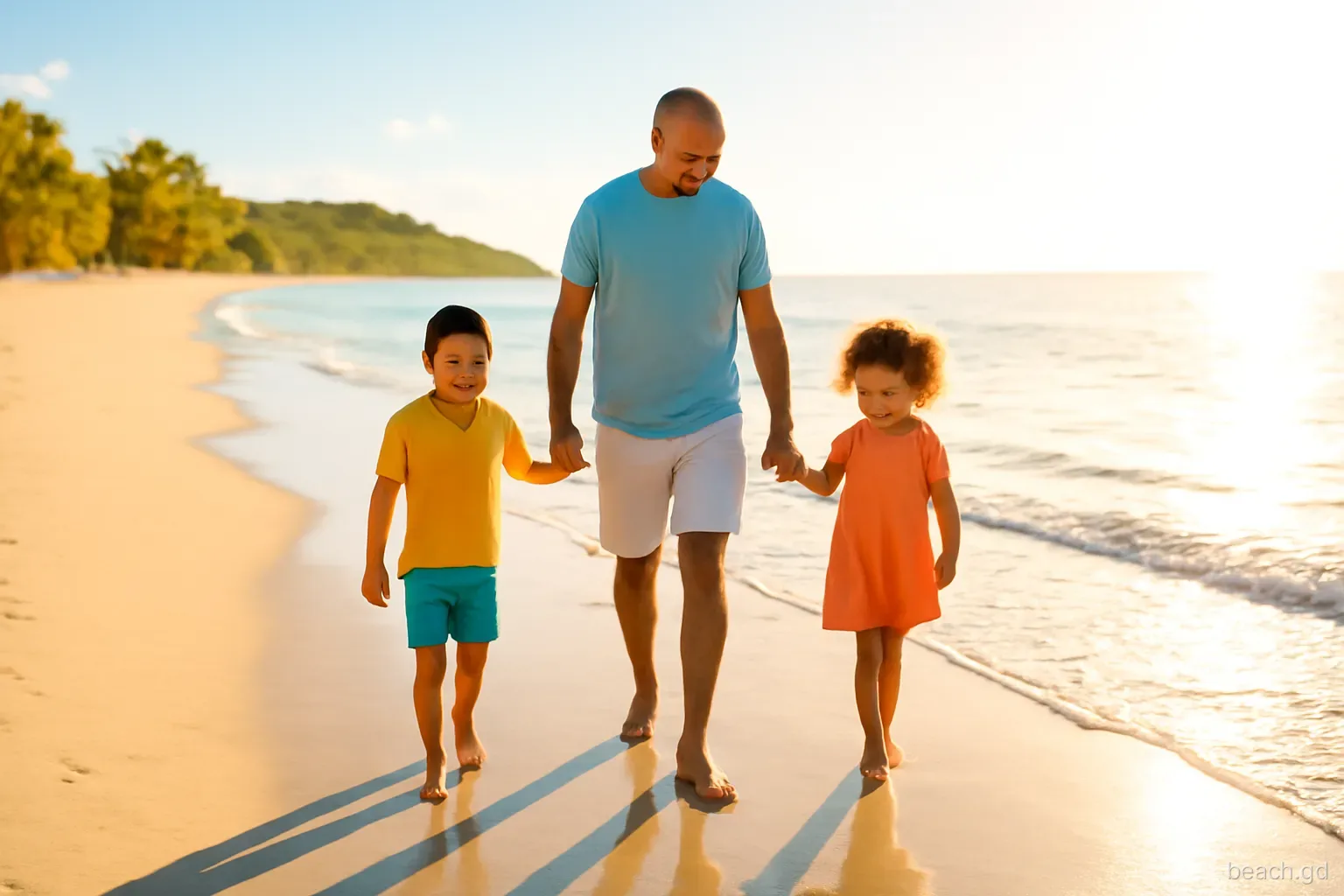 Early morning on a near-empty Grand Anse beach, Grenada, father and two young children walking at the water's edge, long soft shadows, golden low sunlight
