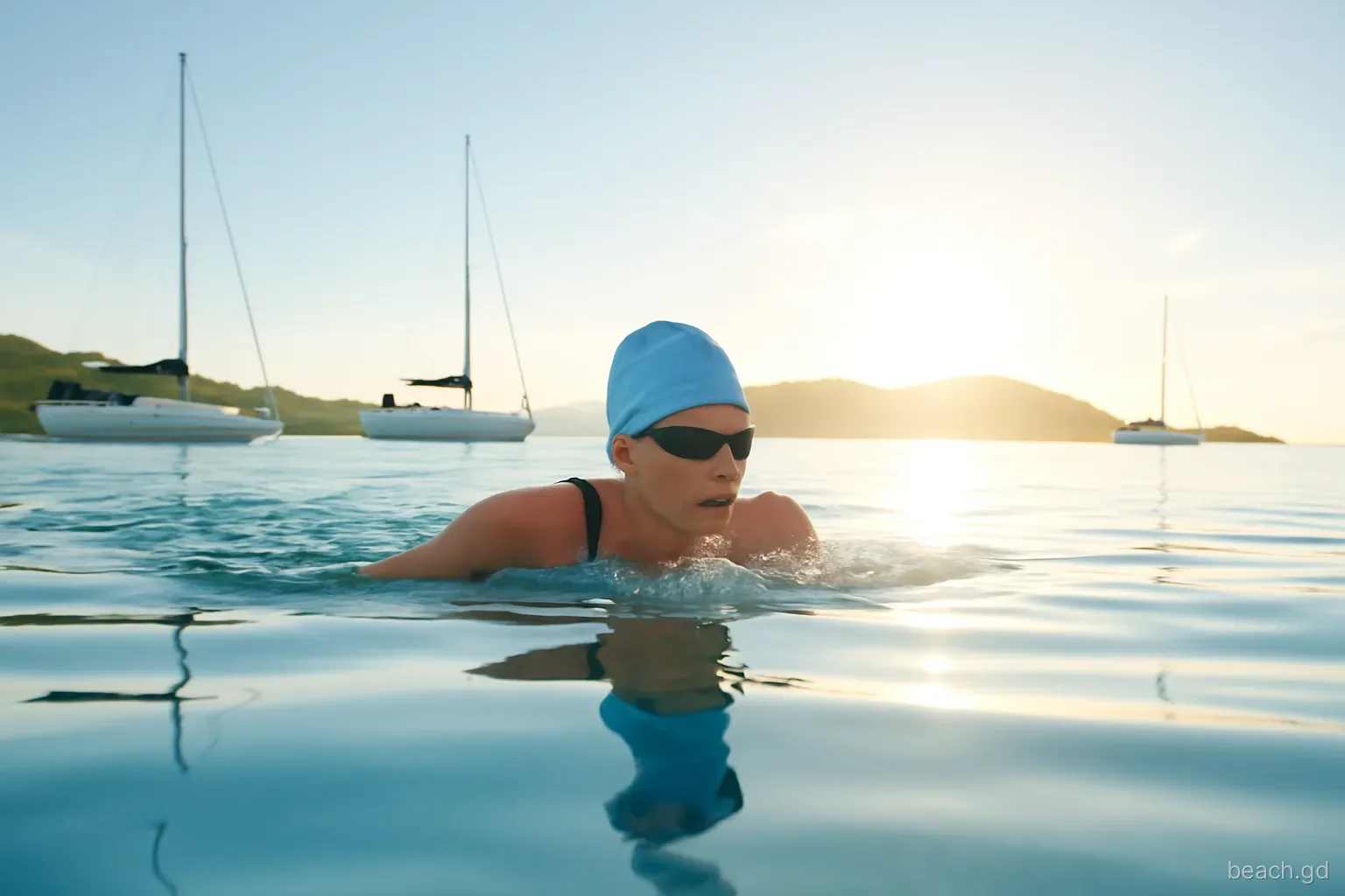 Early morning swimmer doing breaststroke in calm water at Tyrrel Bay, Carriacou, sailing yachts at anchor behind, low sun, taken from water level