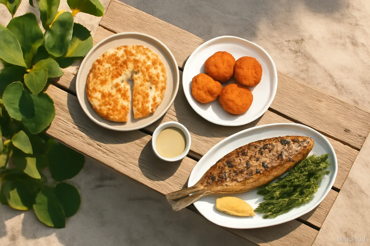 Overhead shot of a wooden picnic table with a split roti, golden fish cakes and a grilled fish plate, sea-grape leaves and sand around, soft midday light