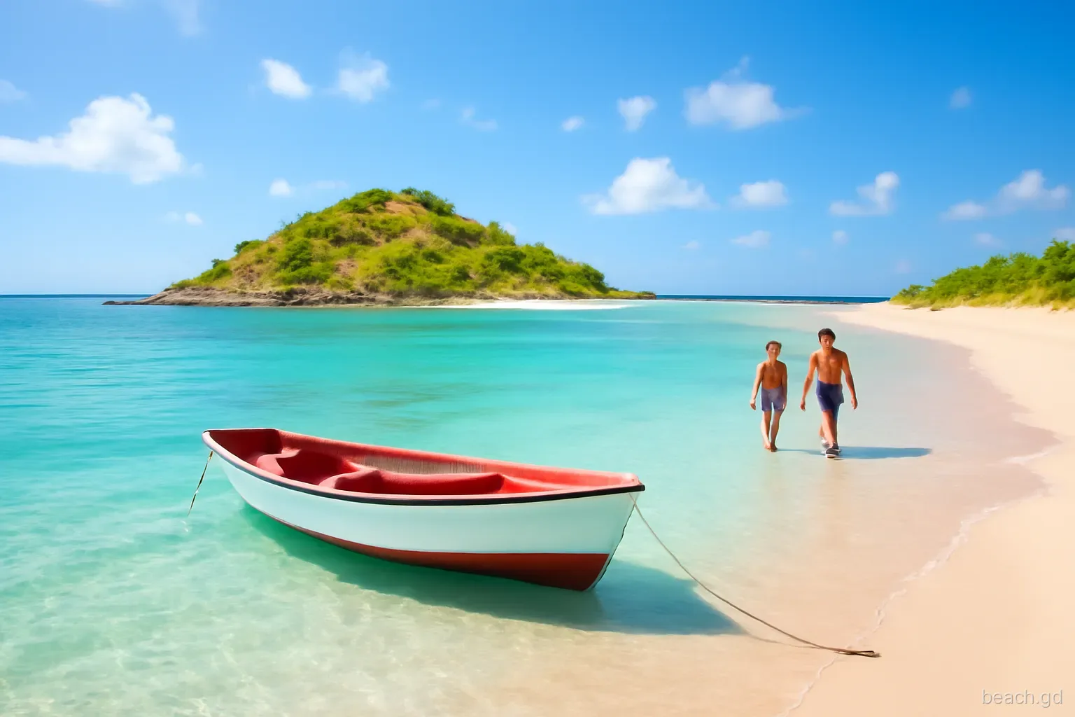 Small open fishing boat anchored on sand beside a tiny island with a scrubby hill and white beach south of Carriacou, two swimmers wading ashore, clear water, morning